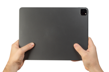 Hands hold gray tablet  back rear view