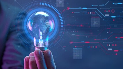 Businessman hand shows rotating planet earth inside light bulb with innovation technology background. Concept of big data analytics, business intelligence, global business and digital link technology. - Powered by Adobe
