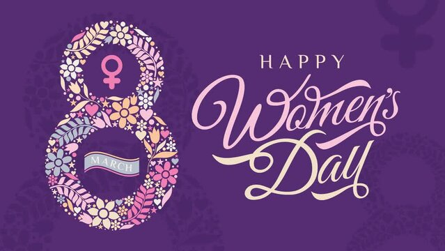 Happy international women's day greeting animation text, lettering with eight march logo on purple background, for banner, social media feed, stories
