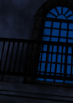 古い洋館の暗く青い窓とベランダのイラスト