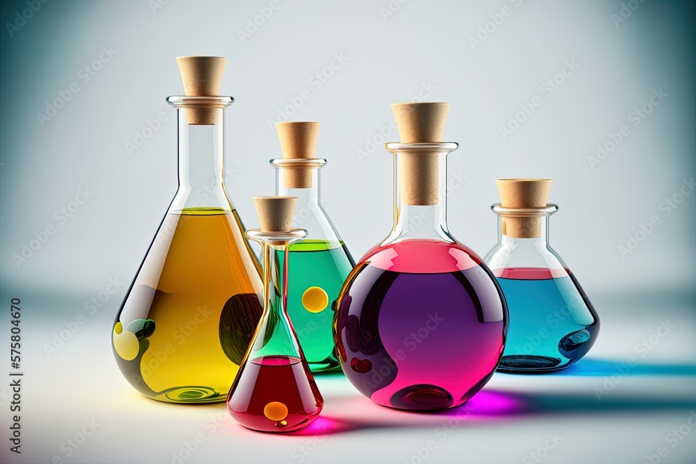 Poster collection of laboratory flasks containing various liquids, shown on a white background generative a