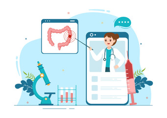 Proctologist or Colonoscopy Illustration with a Doctor Examines of the Colon and Harmful Bacteria in Cartoon Hand Drawn for Landing Page Templates - obrazy, fototapety, plakaty