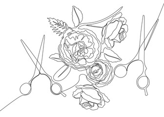 One continuous line of scissor with rose flowers. Thin Line Illustration vector concept. Contour Drawing Creative ideas.