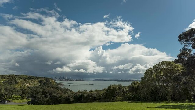 Time Lapse From Bastion Point, Auckland, New Zealand. Dark Clouds Forming Over The Harbour And City In The Background.