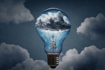 Illustration of light bulb with clouds, concept of ideas and creativity. Generative AI