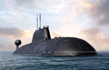 Naval submarine on open sea surface under cloudy sky