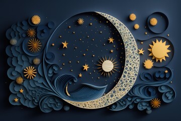 Moon and stars illustration made in paper cutout, dark blue background. Generative AI