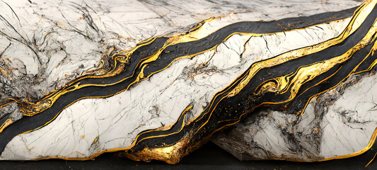 The texture of black and white marble with gold veins. Natural pattern. Abstract 3D illustration of marble surface for backgrounds, wallpapers, photo wallpapers, murals, posters.