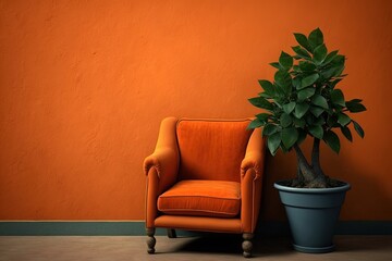 Illustration of orange wall, armchair and potted plant. Generative AI