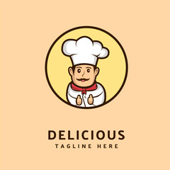 Professional restaurant chef logo, Smiling male chef. Vector illustration for Food industry chef character.