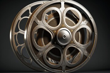 Obraz premium Old cinema film reel, black background. Generative AI