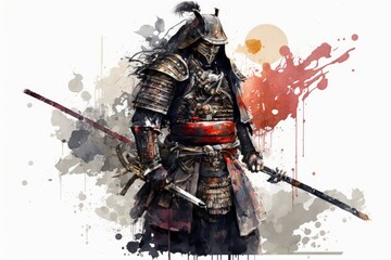 Samurai warrior painting with armor, white background. Generative AI