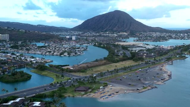 Hyperlapse of Hawaii Kai marina, epic clouds surrounding koko head