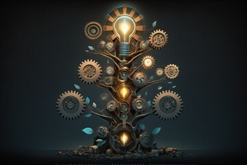 Organization chart in the form of tree with gears and light bulb, concept of ideas and creativity. Generative AI