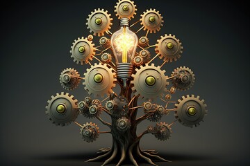 Organization chart in the form of tree with gears and light bulb, concept of ideas and creativity. Generative AI