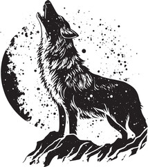 howling wolf illustration, howling wolf vector, howling wolf, black and white howling wolf illustration