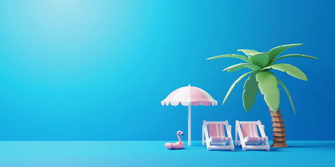 Fototapeta na wymiar Summer tropical banner concept design 0f beach chair and umbrella flamingo inflatable with coconut tree on blue background 3D render