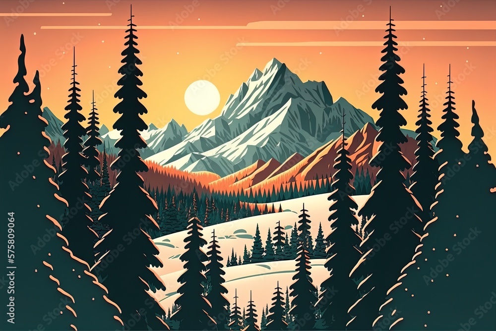 Poster scene of a winter coniferous forest at sunset, with snowy slopes and a mountain range in the backgro