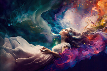 A surreal painting of a woman floating in the sky in her dream, with clouds of strong pastel and rainbow colors following her, dreamy and beautiful landscape, illustration of a peaceful dreamstate