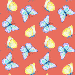 Meadow blue, yellow butterflies watercolor seamless pattern on pink.