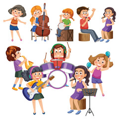 Set of cartoon kids character with music instruments