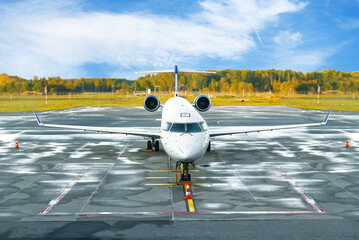 aircraft on runway preparing for takeoff at the airport. Preparation of the airplane before flight....
