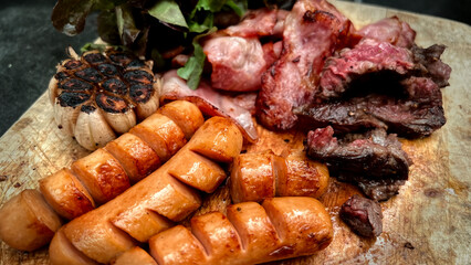 selective focus, Grilled sausages and beef steak medium on wooden cutting board.