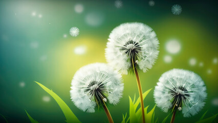 A pastel-colored background with white dandelions. Generative AI