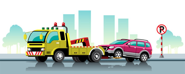 Towing car trucking  auto transport on road vector illustration
