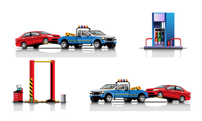 Towing car trucking  auto transport at oil station vector illustration