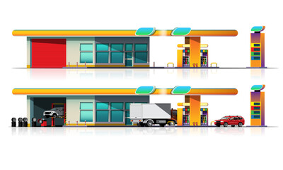 Automobile and truck car filling up at oil station vector