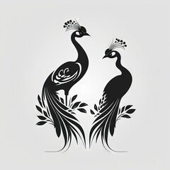 Obraz premium two peacocks black and white 2D minimalist luxury logo vector logo on white background Generative AI