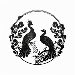Fototapeta premium two peacocks black and white 2D minimalist luxury logo vector logo on white background Generative AI