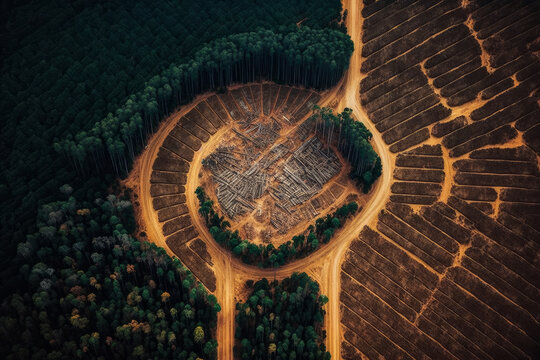 Aerial view of an area of deforestation. generative ai
