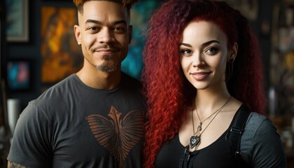 Fototapeta premium Empowering Confidence and Relationship in the Workplace: Celebrating National Couple's Day with Diversity Inclusivity in the Industry with Multiracial Video game designer Couple (generative AI