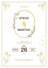 Minimalist wedding invitation template with gold hand drawn floral
