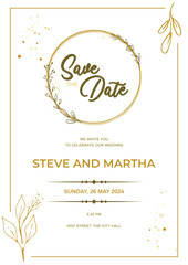 Minimalist wedding invitation template with gold hand drawn floral