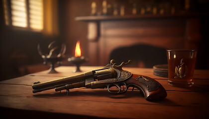 Vintage revolver pistol on a wooden desk - Generative AI Illustrations