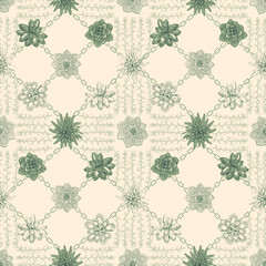 Seamless pastel tones vector pattern with sage green succulent plant motifs, vector illustration perfect for textiles, stationery, wallpaper, packaging design, interior decoration. Surface pattern