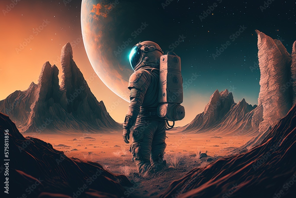 Poster astronaut on a strange planet symbol generative ai