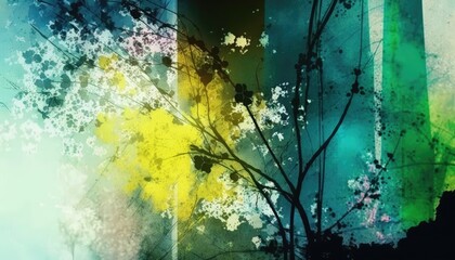 Fototapeta na wymiar Abstract spring flower collage. Modern mid-century art. Color blocks plants. Watercolor painting.