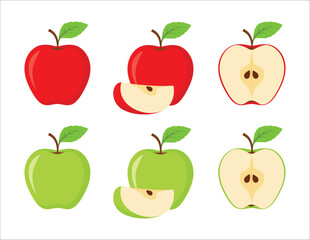 Apple fruit vector set in red and green colour. Set of apples and sliced apples isolated on white background. Whole, half, slice of red and green apple fruit with green leaves. Vector illustration