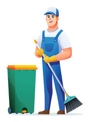 Cleaning service man with broom and trash can. Male janitor cartoon character