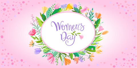 Happy women's day greeting card. 8 march women's day poster or banner with lettering, spring flowers and leaves on pink background.