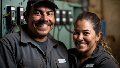 Empowering Confidence and Relationship in the Workplace: Celebrating National Couple's Day with Diversity Inclusivity in the Industry with Hispanic Electrician Couple (generative AI