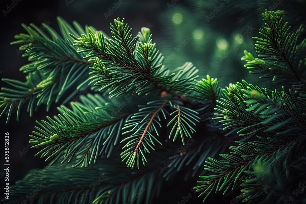 Poster selective focus on the green limbs of a spruce tree in the backdrop generative ai