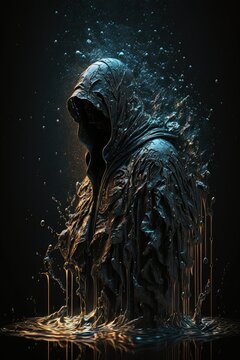 Night dramatic atmosphere, close look of dementor in tight black engraved filigree hooddy falling in huge splash of water Generative AI
