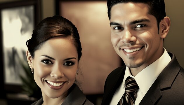 Empowering Confidence and Relationship in the Workplace: Celebrating National Couple's Day with Diversity Inclusivity in the Industry with Hispanic Receptionist Couple (generative AI