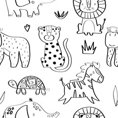 Seamless childish pattern with cute animals of africa in doodle style. Vector illustration isolated on white background for your design