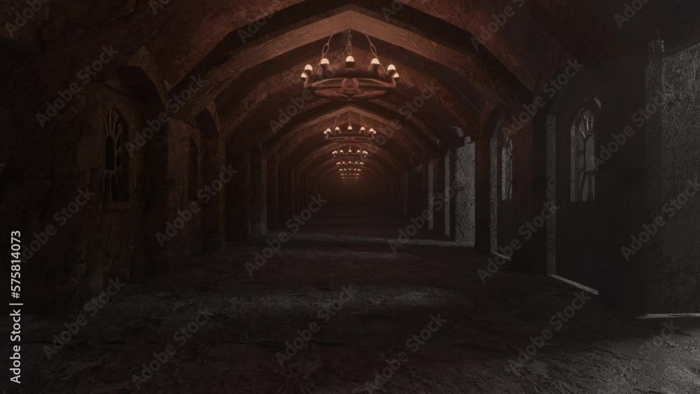 Poster the camera flying through the endless corridor of the castle. gloomy dark looping animation. 3d rend